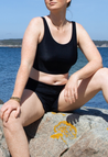 Geribde zwemtop - crop top - zwart