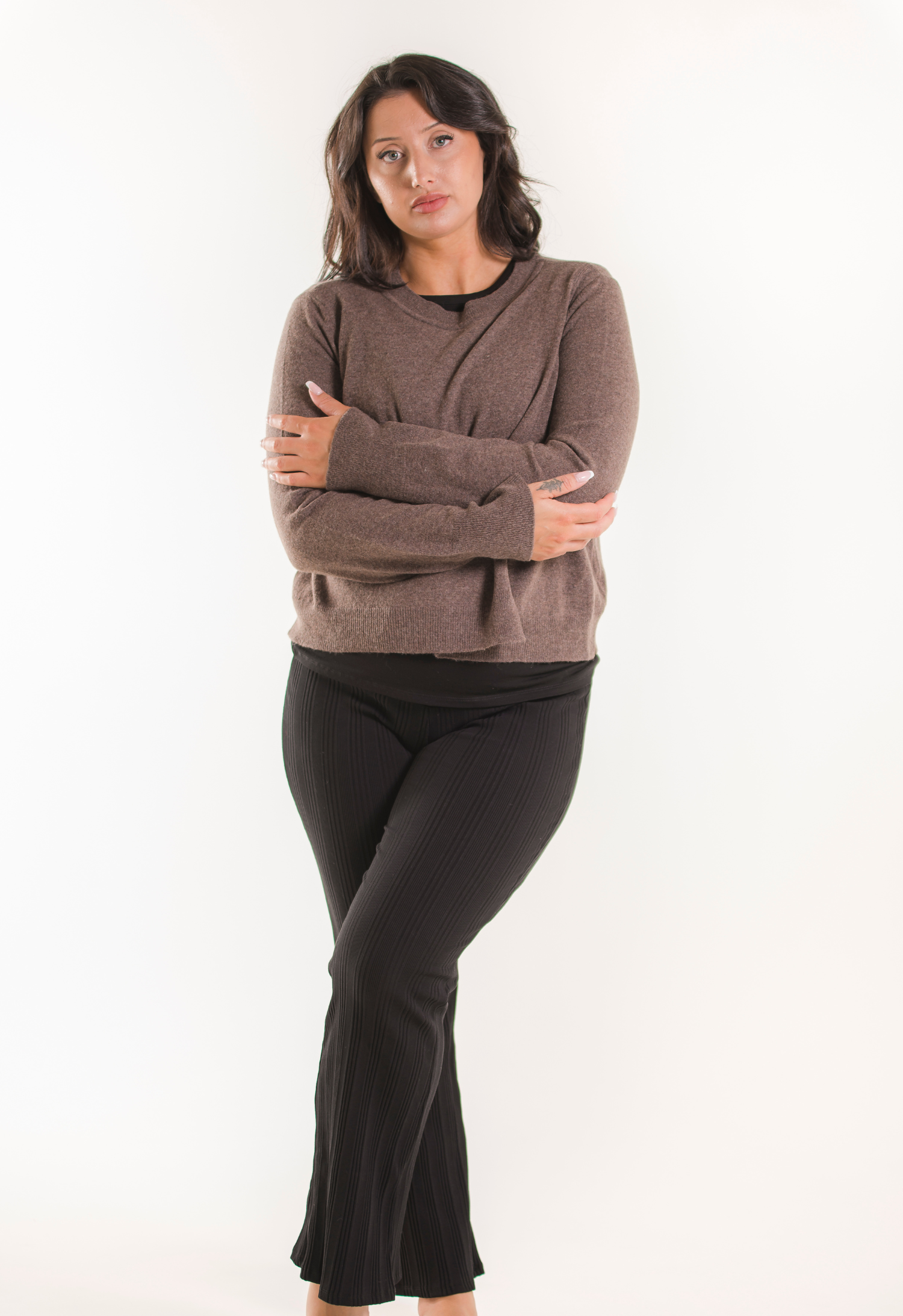 Gebreide voedingstrui - bruin-grijs melange